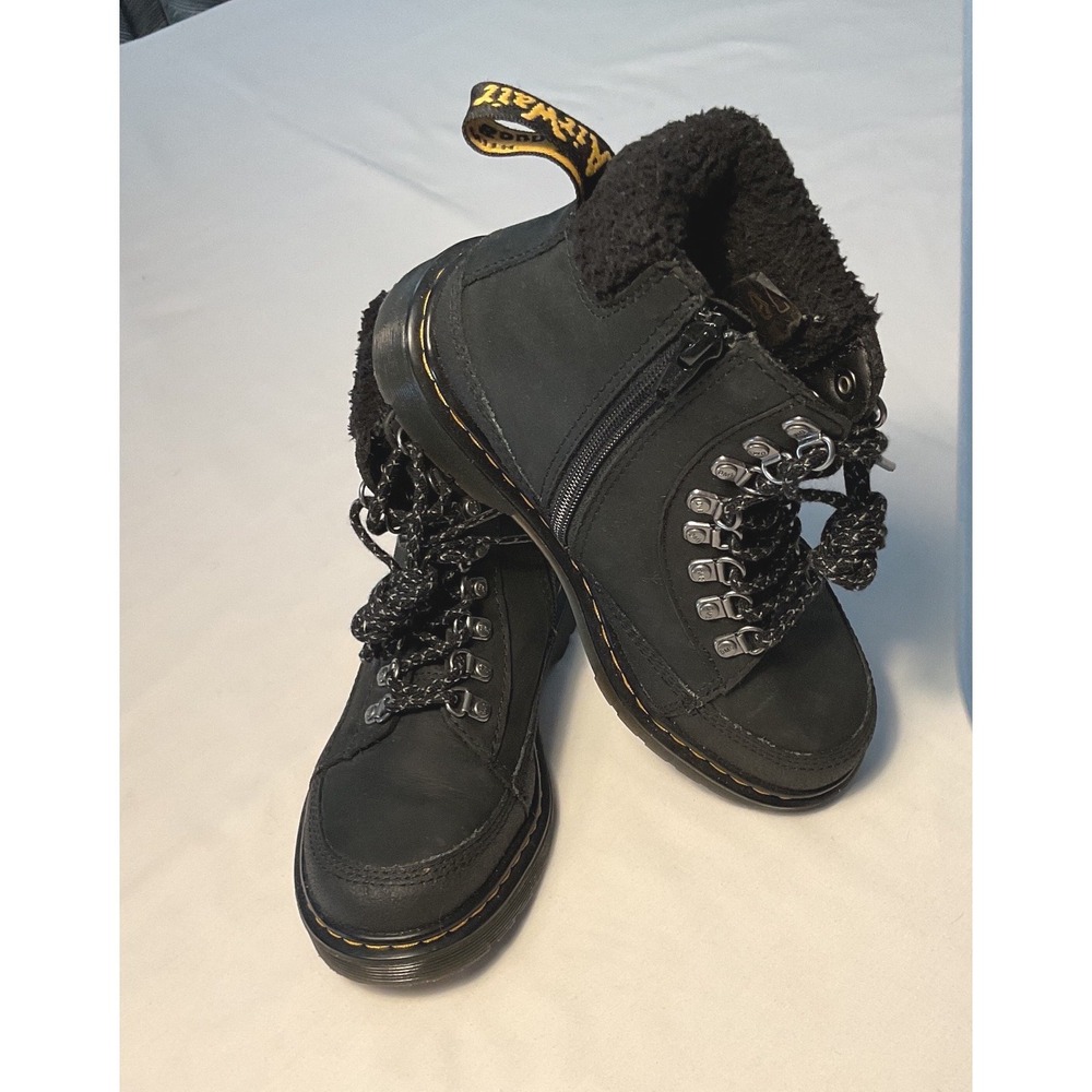 Dr. Martens 1460 Collar J Black Leather Faux Fur Boots Kids Size 2 US 1 UK 33 EU